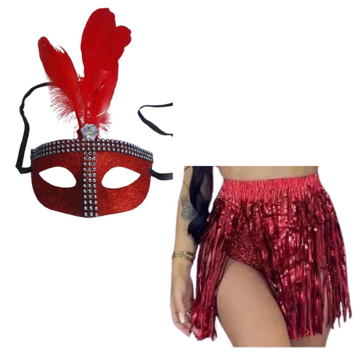Kit Fantasia Máscara Pena Glitter E Saia Metalizada Vermelho Kit Fantasia Máscara Pena Glitter E Saia Metalizada Vermelho